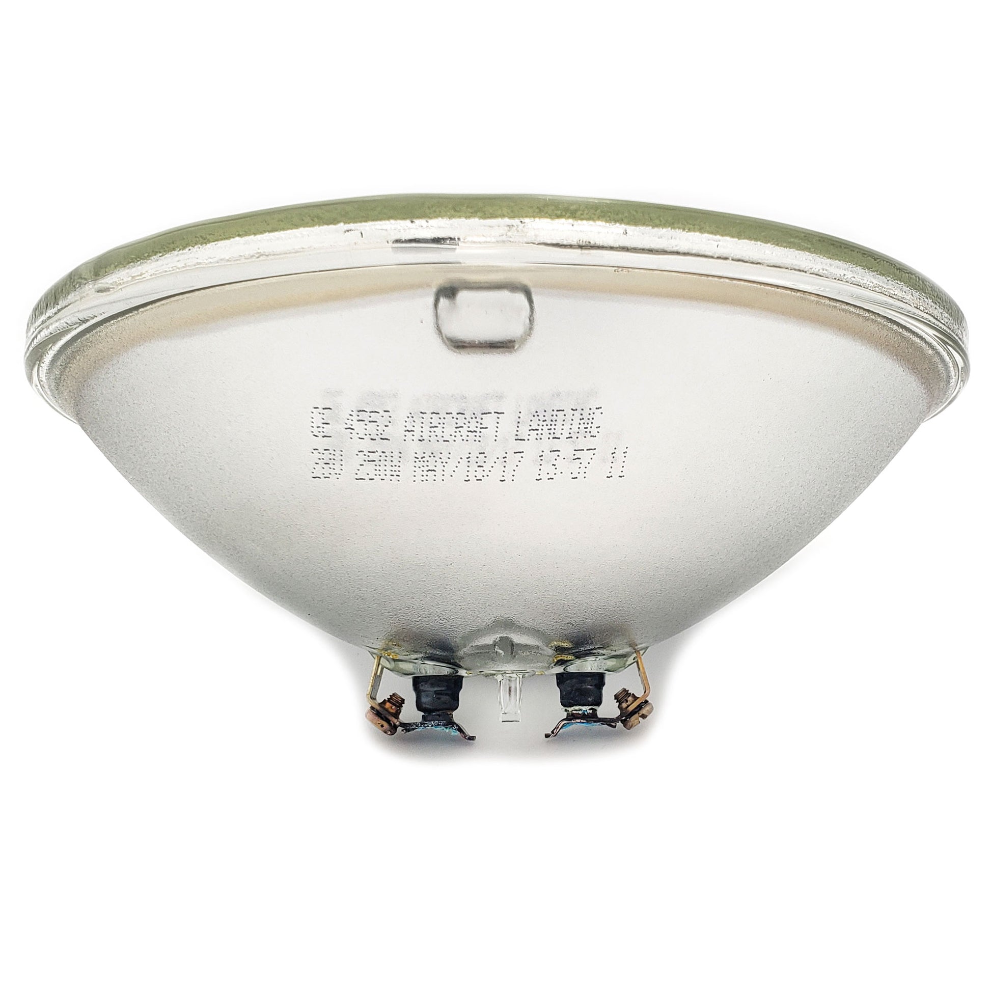GE Sealed Beam Aircraft Light 4552 40576 – Side and Bottom View Showing Conical Shape, Electrical Terminals, and Etched Landing Light Specs