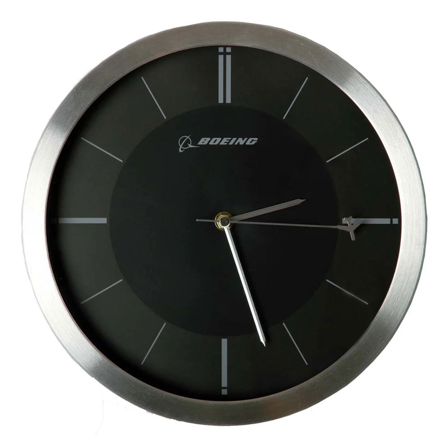 Boeing rotating plane wall clock with black dial, aluminum frame, and airplane second hand