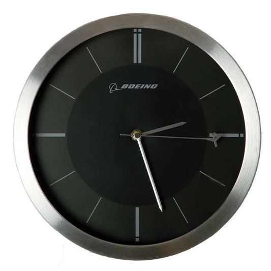 Boeing rotating plane wall clock with black dial, aluminum frame, and airplane second hand