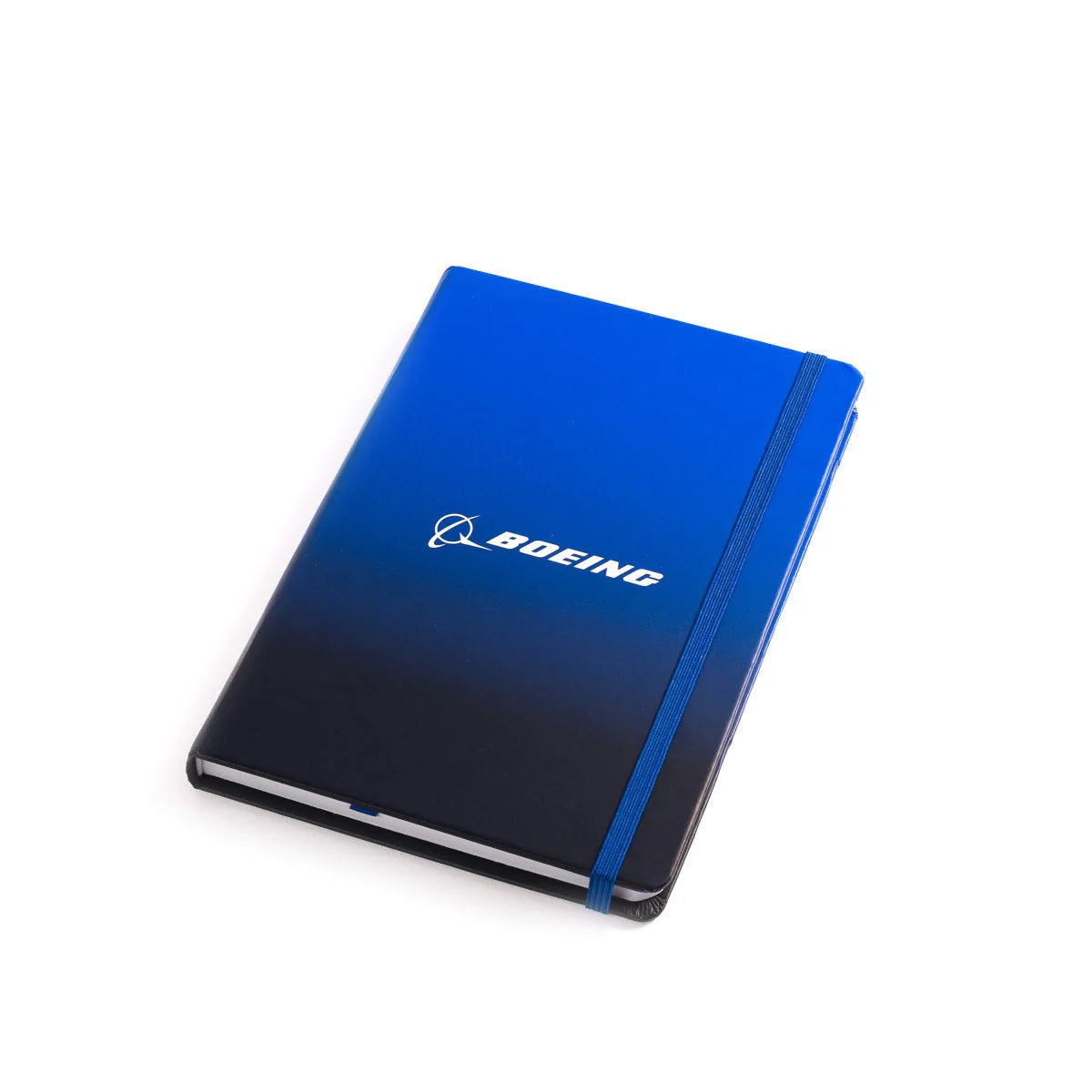Front view of Boeing logo notebook with elastic strap closure