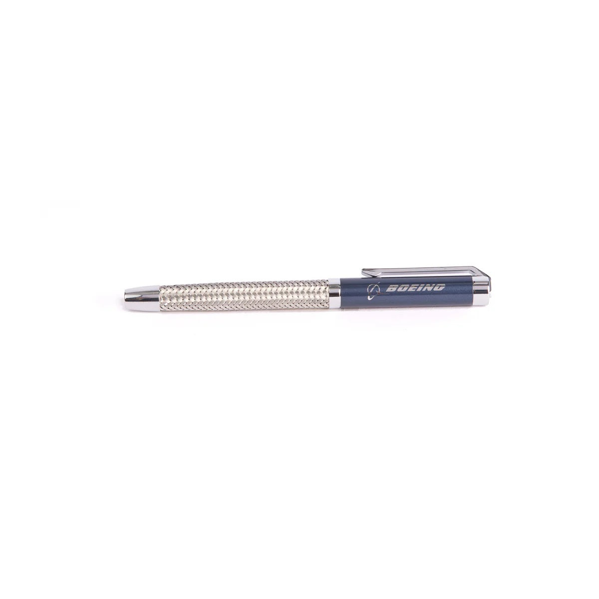 Boeing braided steel metal ballpoint pen with blue cap and Boeing logo