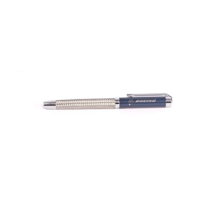 Boeing braided steel metal ballpoint pen with blue cap and Boeing logo