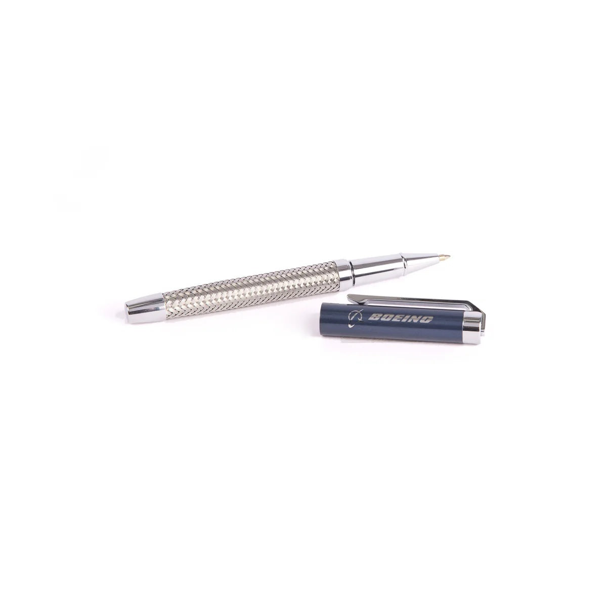 Boeing braided steel metal rollerball pen with cap removed showing tip