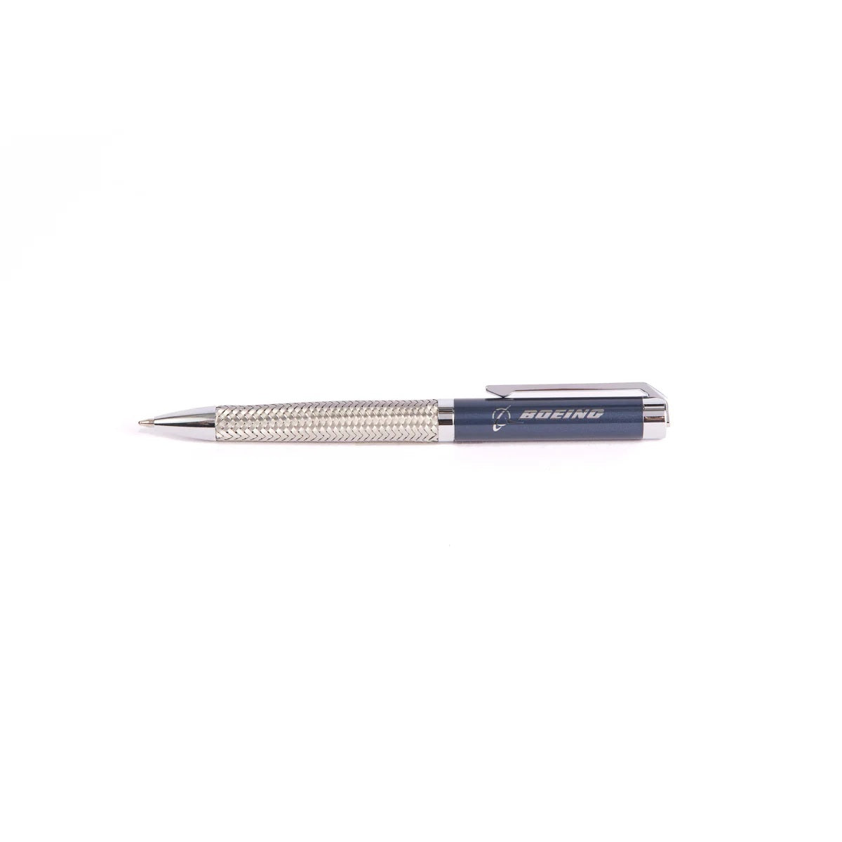 Boeing braided steel metal pen with blue barrel and polished chrome accents