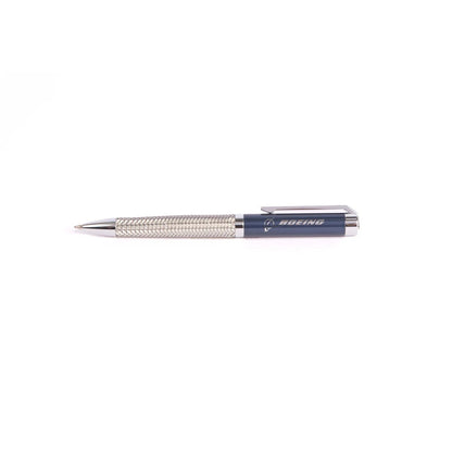 Boeing braided steel metal pen with blue barrel and polished chrome accents