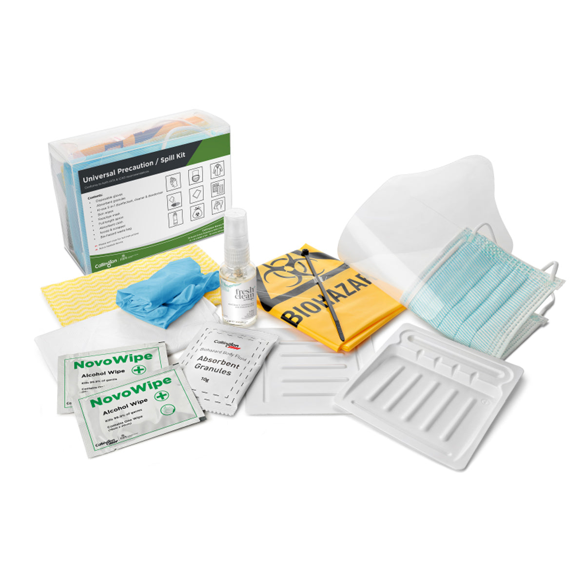 Universal Precaution Spill Kit – single-use aircraft biohazard cleanup kit with face mask, gloves, wipes, apron, absorbent granules, disinfectant, and disposal tools.