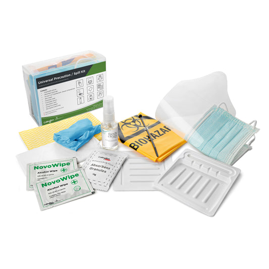 Universal Precaution Spill Kit – single-use aircraft biohazard cleanup kit with face mask, gloves, wipes, apron, absorbent granules, disinfectant, and disposal tools.