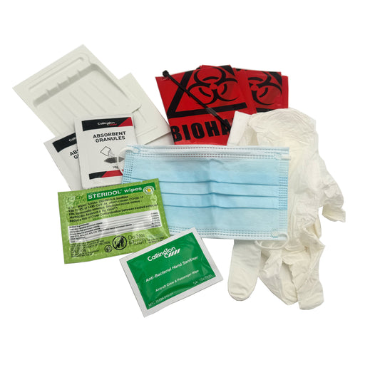 Universal Precaution Spill Kit – single-use aircraft biohazard cleanup kit with face mask, gloves, wipes, apron, absorbent granules, disinfectant, and disposal tools.