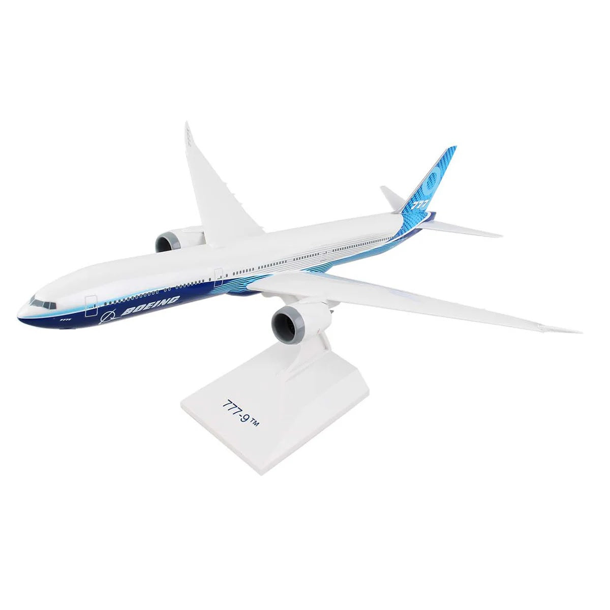 Boeing 777-9 1:200 snap model airplane with foldable wingtips on display stand