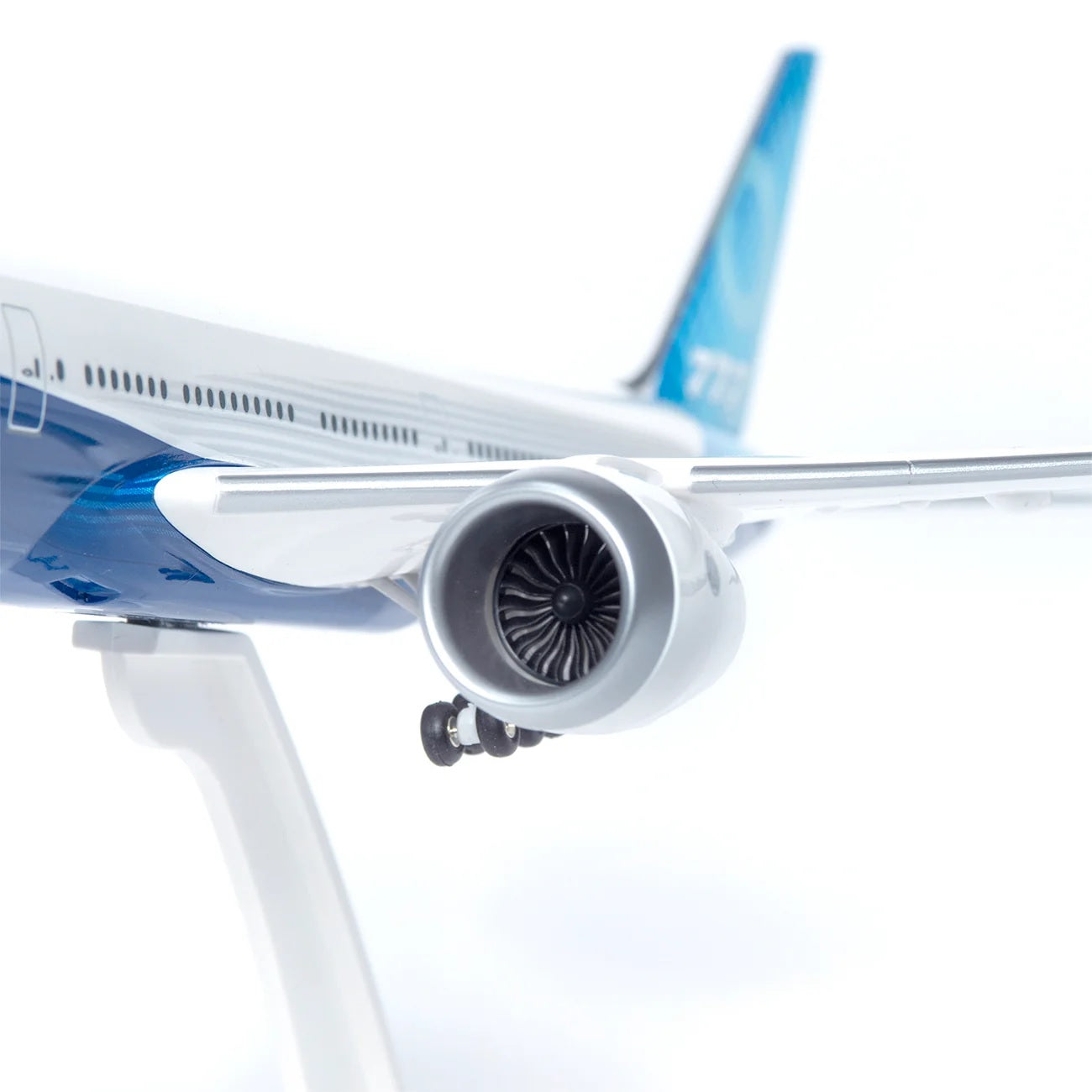 Close-up of Boeing 777-9 model jet engine detail on 1:200 aircraft replica