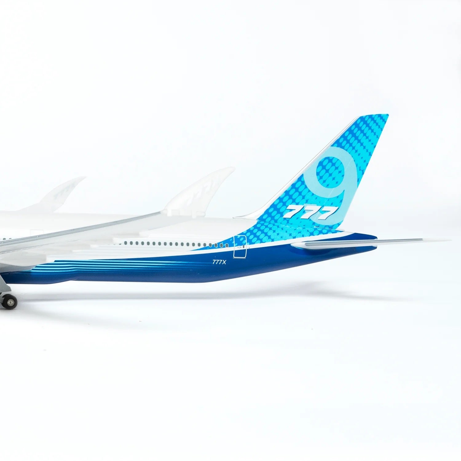 Boeing 777X tail close-up on 777-9 1:200 foldable wingtips model aircraft