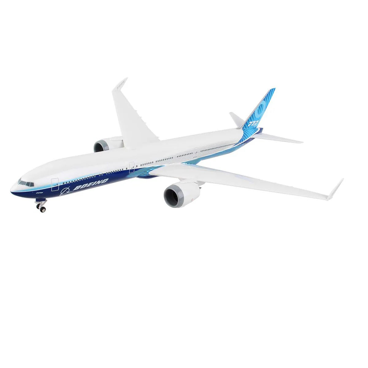 Side view of Boeing 777-9 1:200 snap-fit model airplane with folding wingtip design
