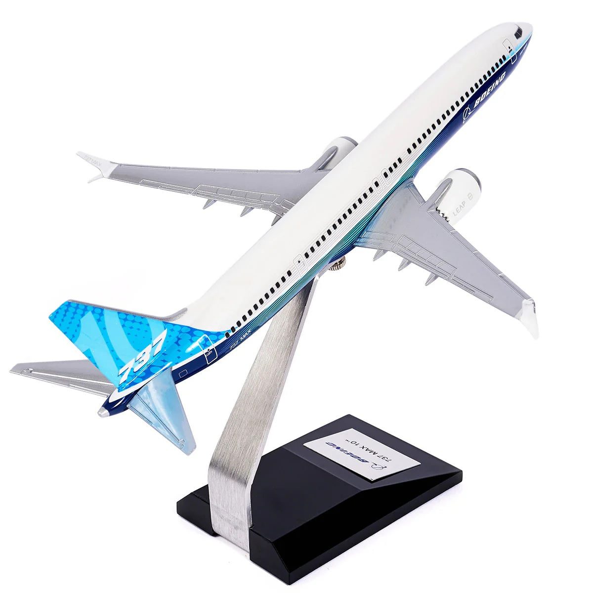 “Boeing 737 MAX 10 model on branded display stand with nameplate”