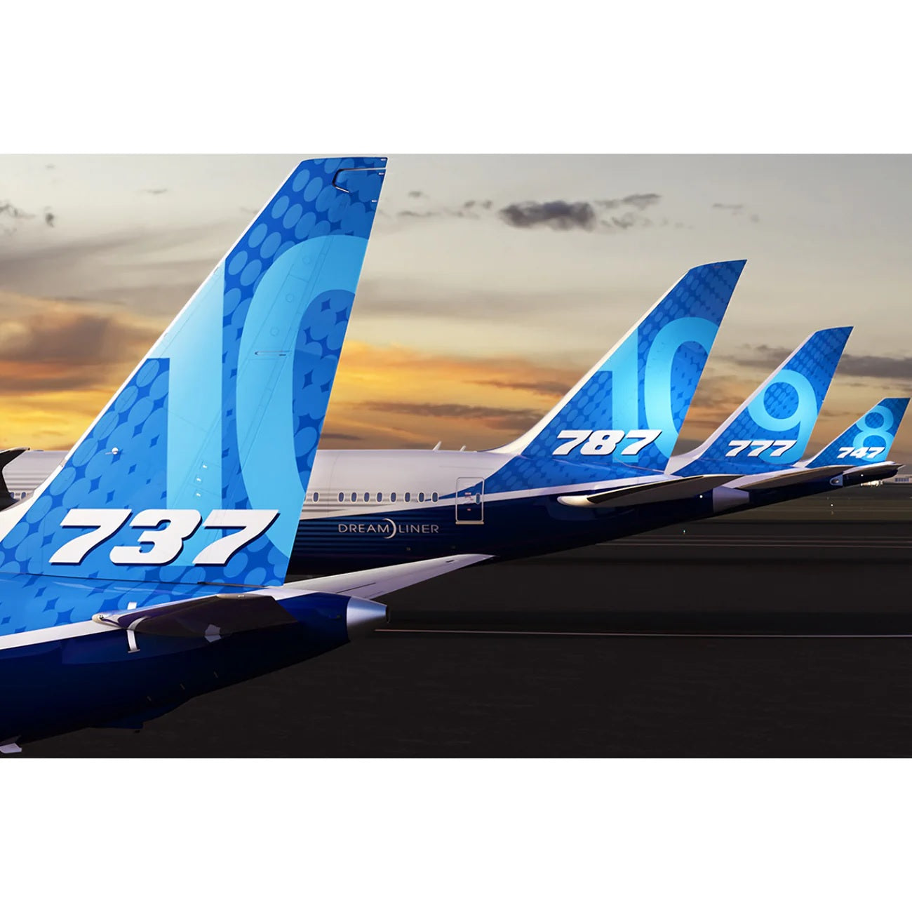 “Boeing commercial aircraft family lineup featuring 737, 747, 777 and 787 tails”