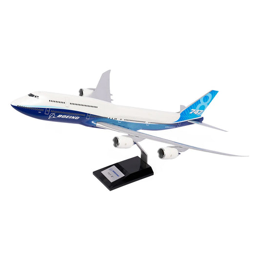 Boeing 747-8i 1:144 scale model aircraft in Boeing unified livery on display stand