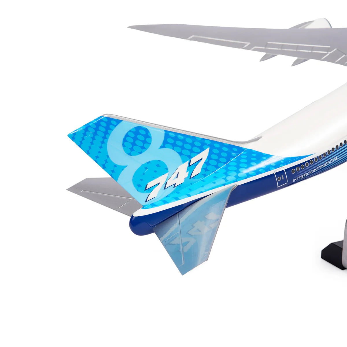 Boeing 747-8i model tail section showing blue Boeing 747 branding and livery detail
