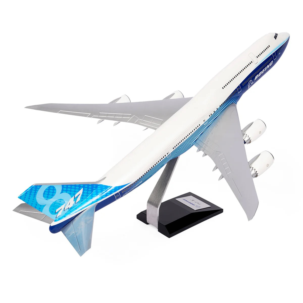 Boeing 747-8i 1:144 model aircraft angled view displaying wings and four-engine design