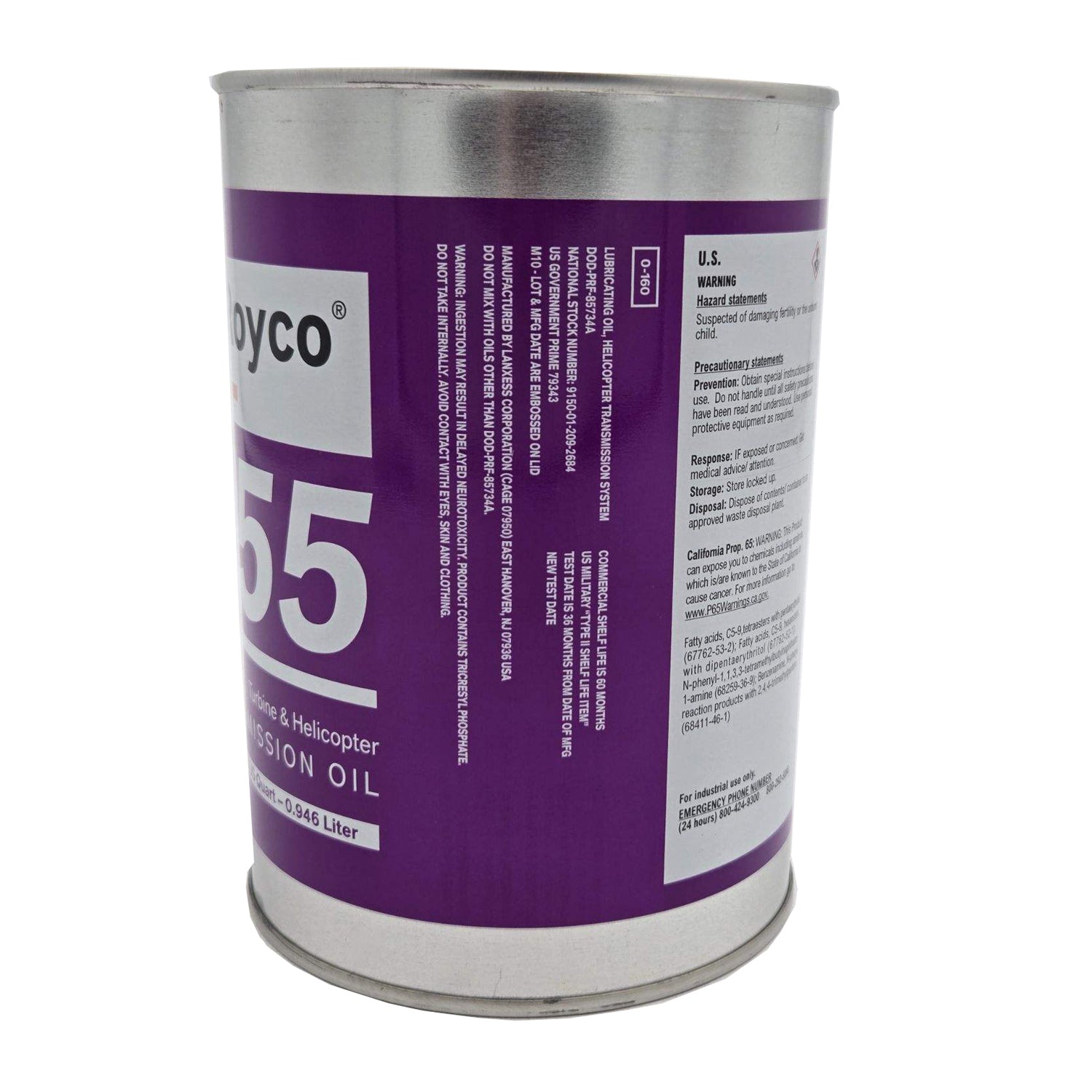 Right side view of ROYCO 555 Amber Synthetic Lubricating Oil quart can