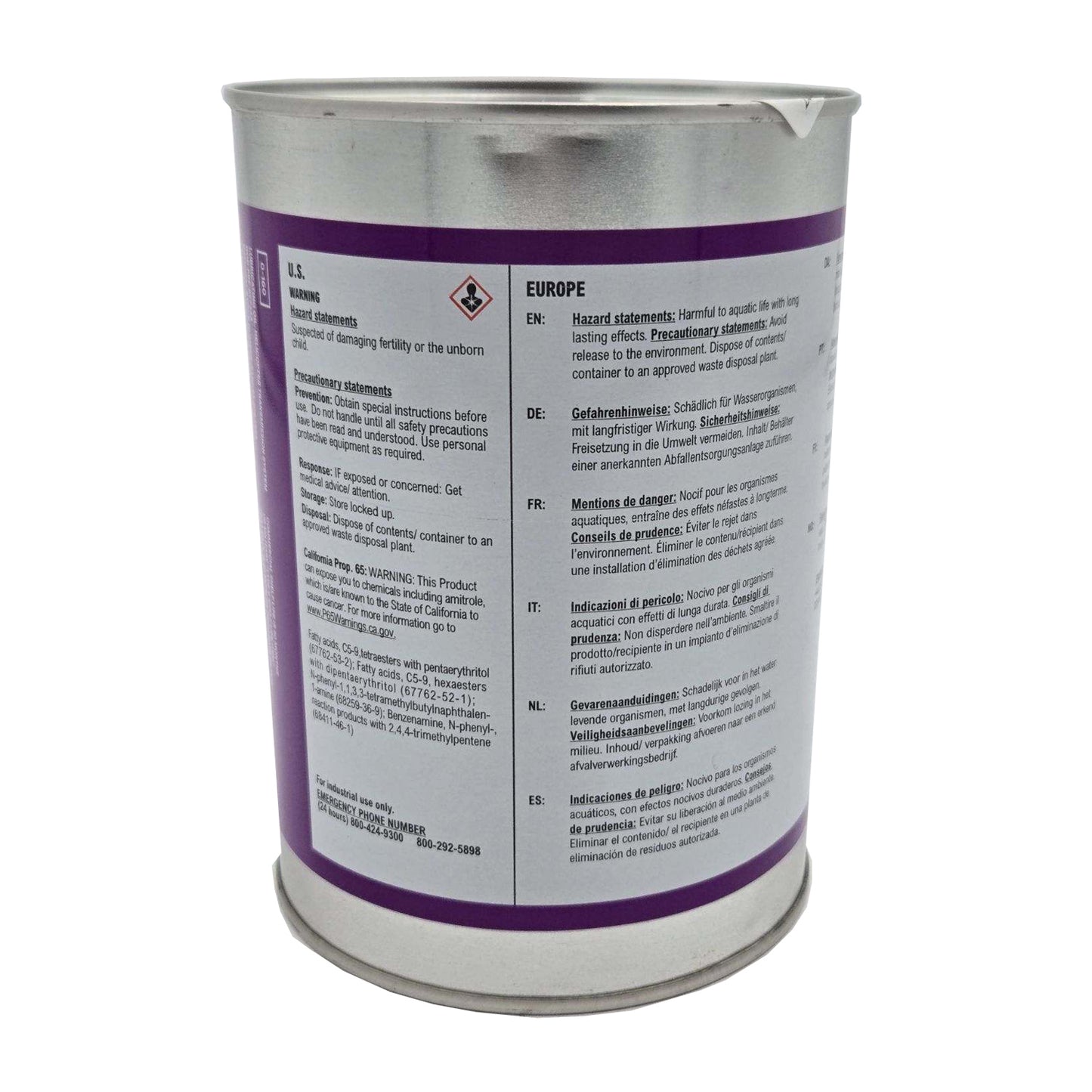 Back view of ROYCO 555 Amber Synthetic Lubricating Oil quart can with product details