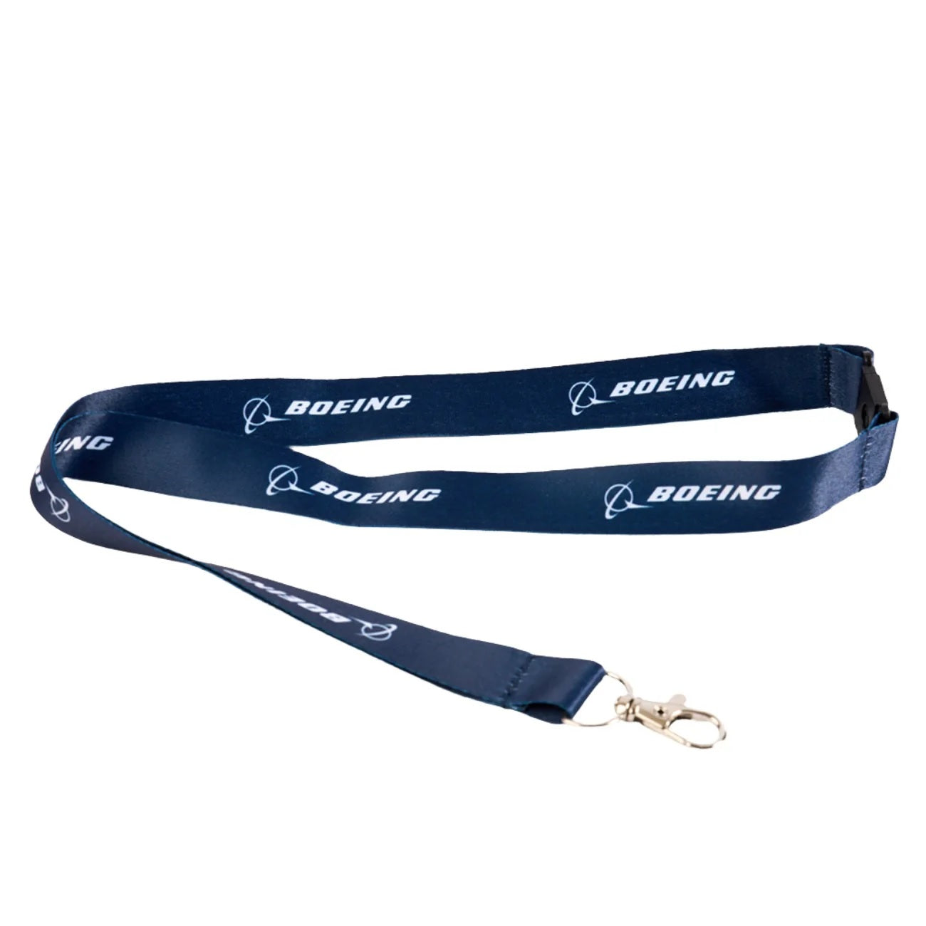 Boeing sustainable navy lanyard with repeating Boeing logo and metal clip