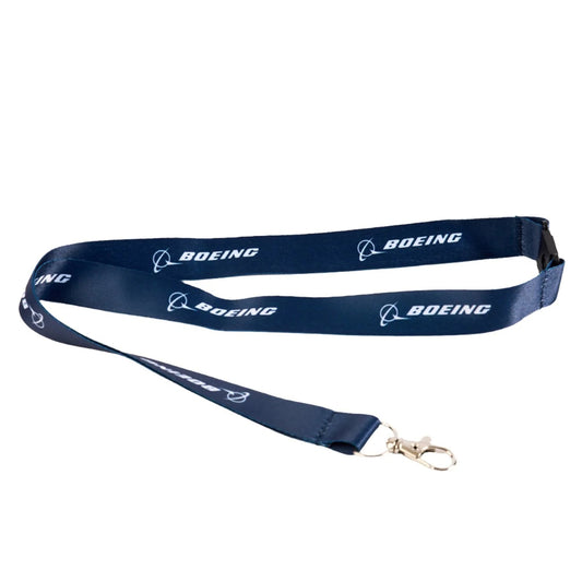 Boeing sustainable navy lanyard with repeating Boeing logo and metal clip