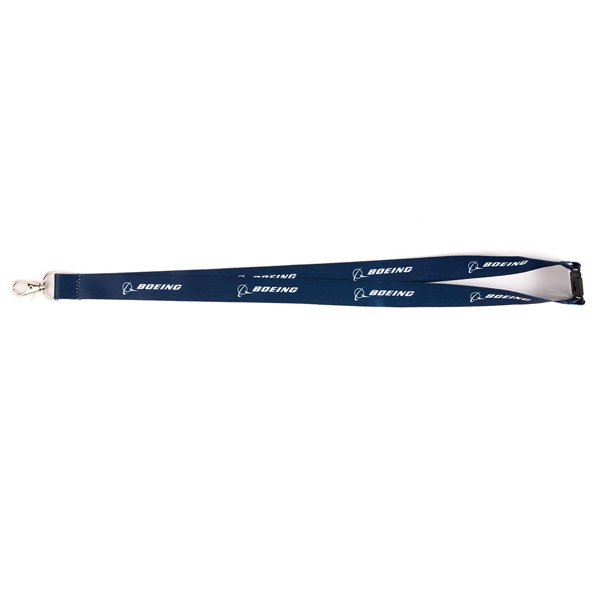 Boeing eco-friendly lanyard in navy blue with printed Boeing logos and detachable clip