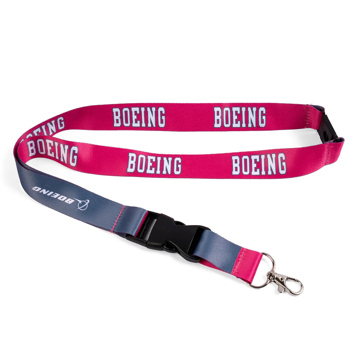 Boeing varsity pink lanyard with detachable buckle and metal clip