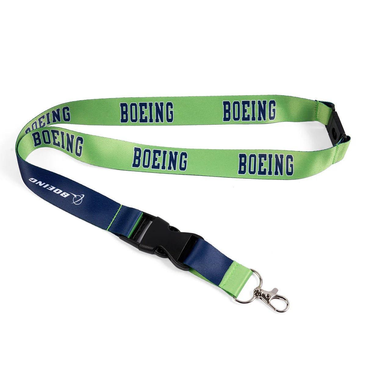 Boeing varsity lime green lanyard with detachable buckle and metal clip