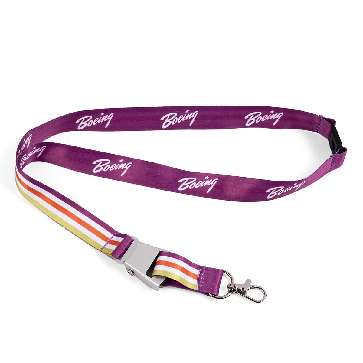 Boeing heritage script purple seat belt buckle lanyard with metal clasp