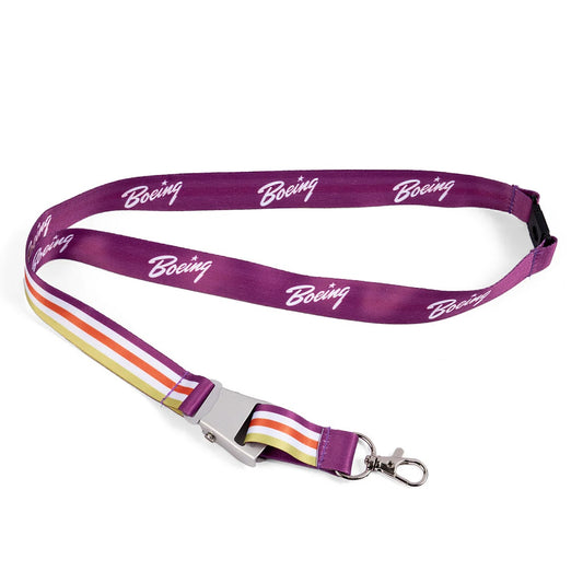 Boeing heritage script purple seat belt buckle lanyard with metal clasp