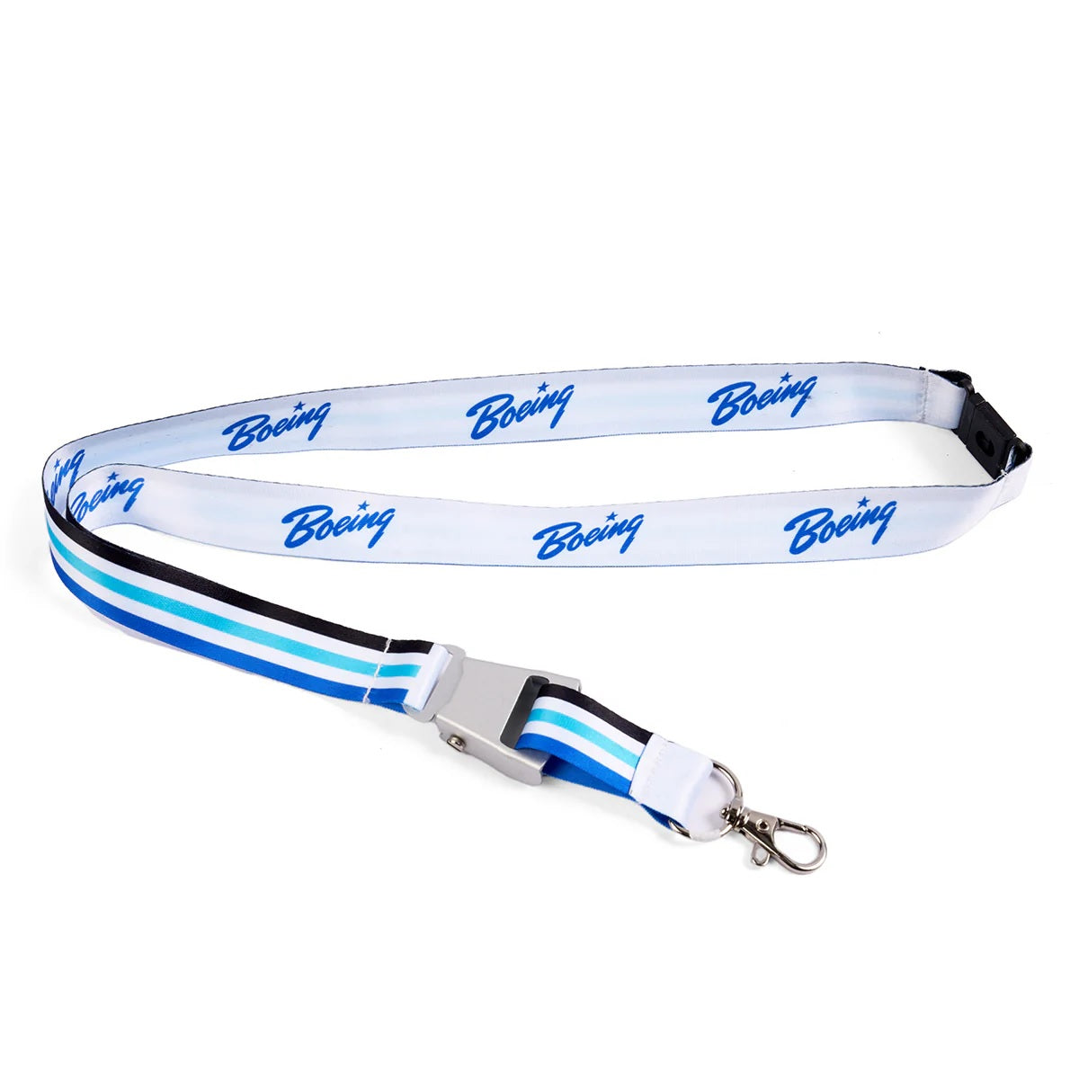 Boeing heritage script blue seat belt buckle lanyard with striped strap and key clip