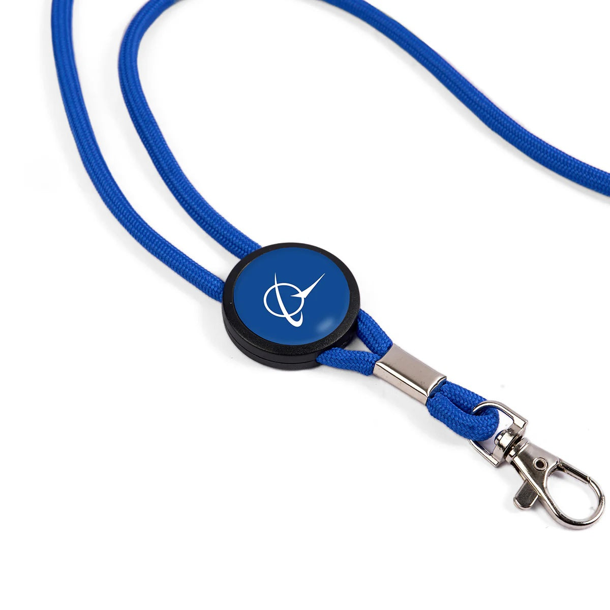 Close-up of blue Boeing Symbol Cord Lanyard showing logo badge and metal key clip