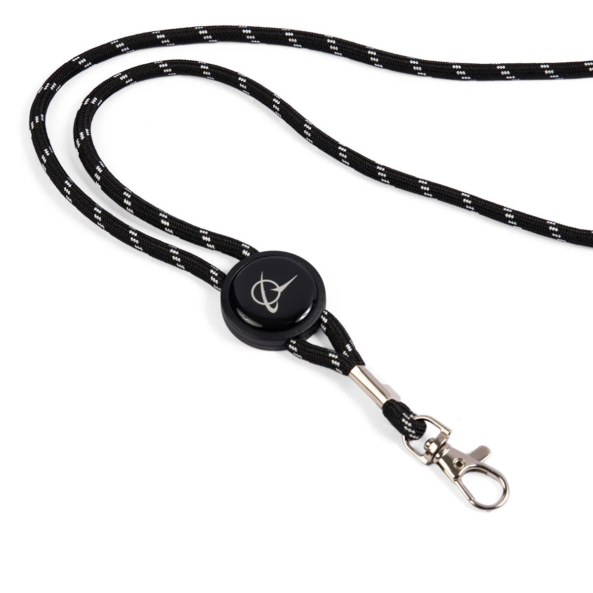 Close-up of black Boeing Symbol Cord Lanyard showing logo badge and metal key clip