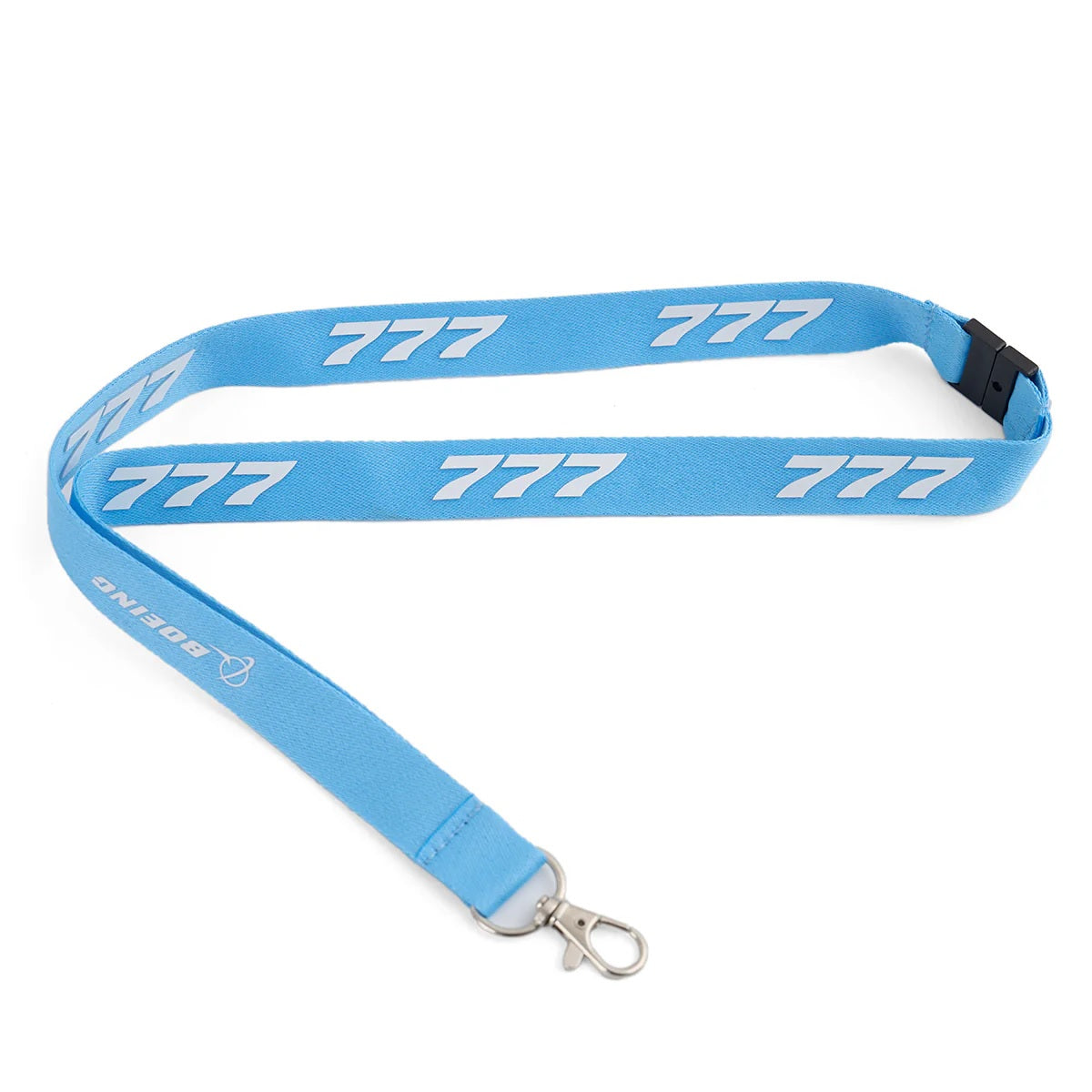 Boeing 777 series lanyard in light blue with repeated 777 aircraft number and key clip