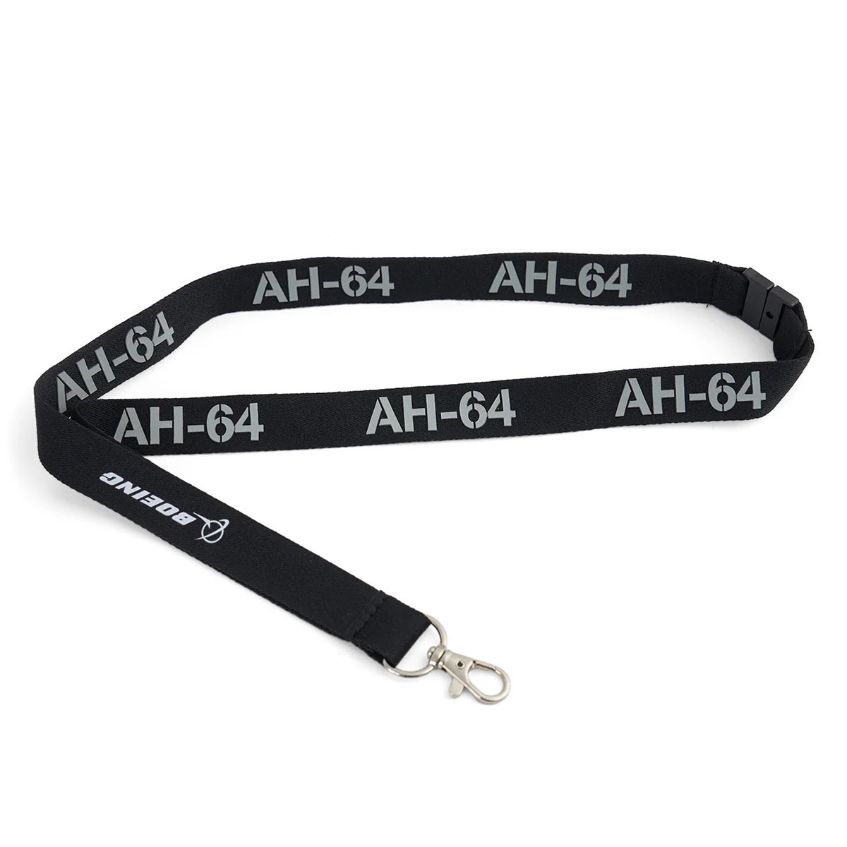 Boeing AH-64 Apache Series lanyard in black with gray text and metal ID clip