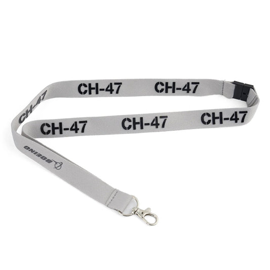 Boeing CH-47 Chinook Series gray lanyard with black text and Boeing logo, featuring metal clasp and detachable buckle