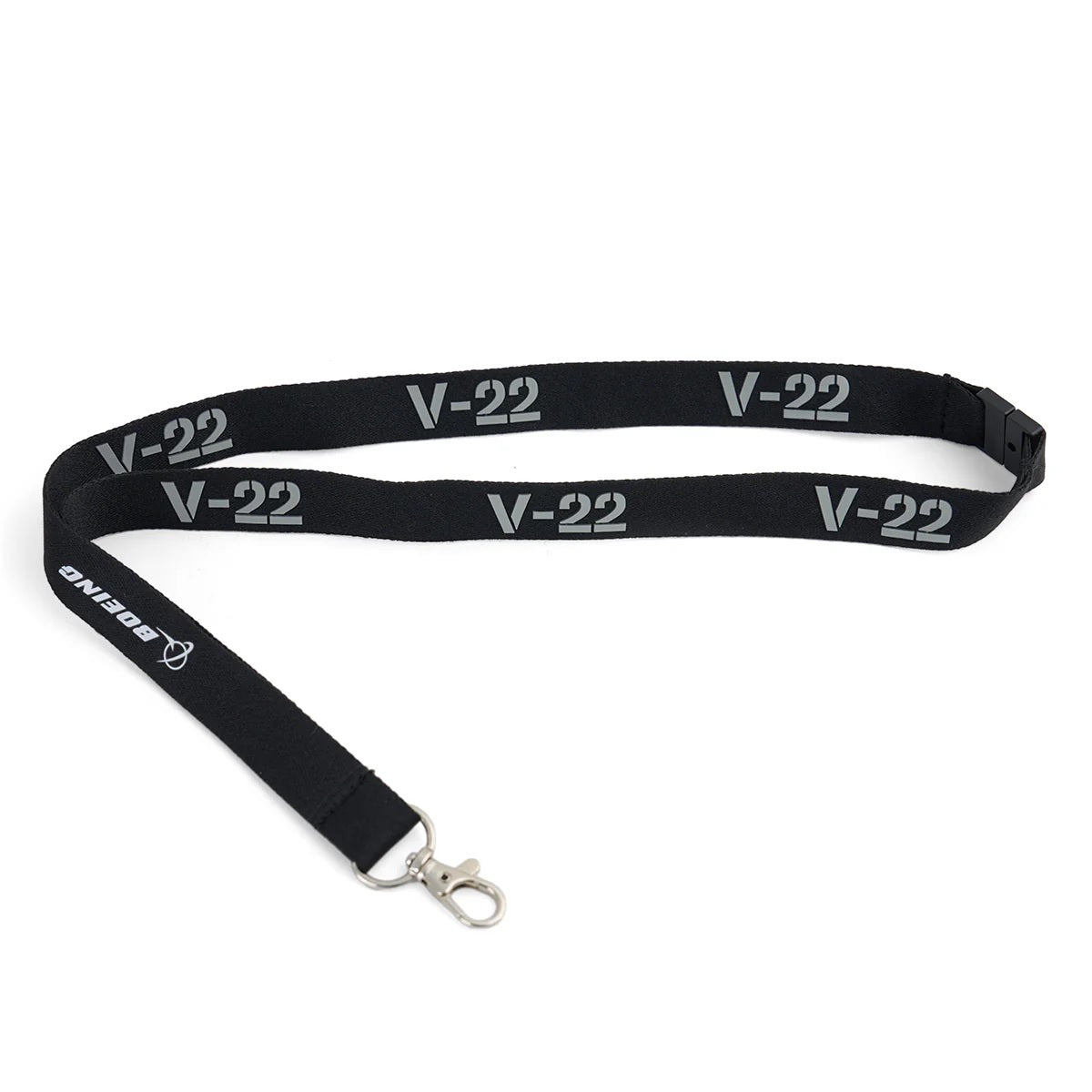 Boeing V-22 Osprey Series Lanyard with gray V-22 text and Boeing logo on black strap with metal clasp