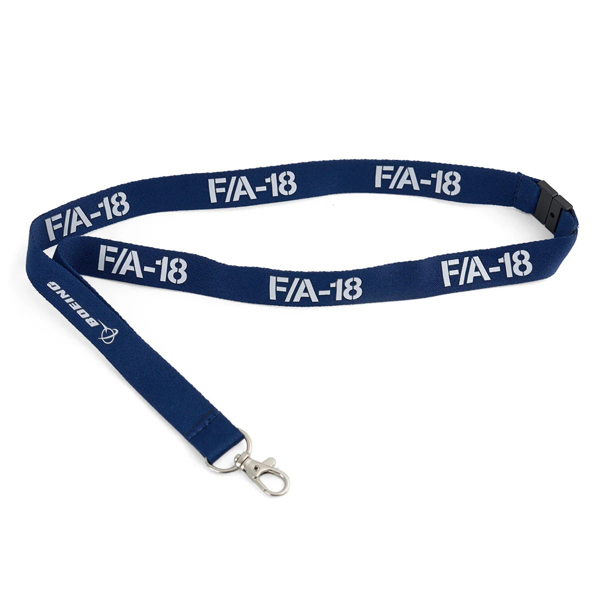 Boeing F/A-18 Super Hornet Series lanyard in navy blue with white text and metal clip