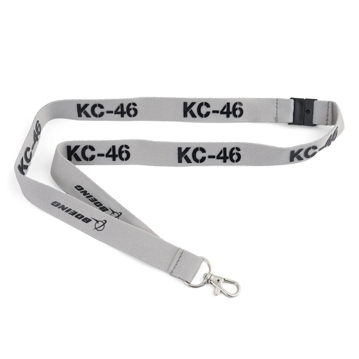 Boeing KC-46A Pegasus Series gray lanyard with KC-46 branding and metal clip