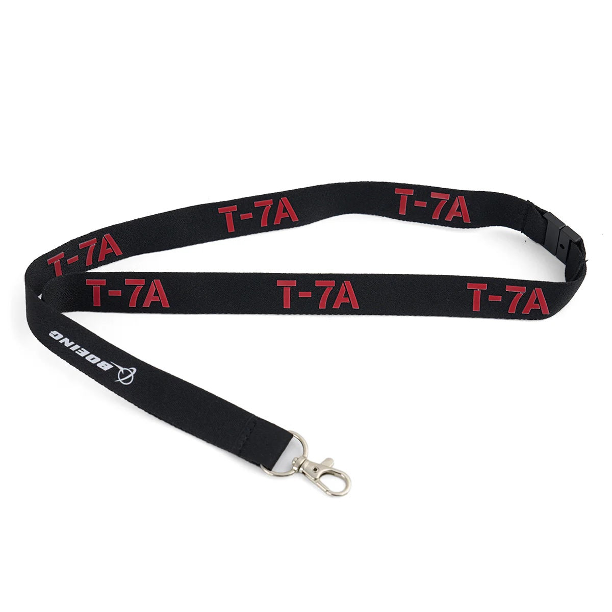 Boeing T-7A Red Hawk black lanyard with repeating red T-7A logos and silver metal clasp