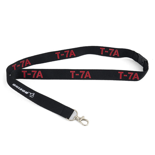 Boeing T-7A Red Hawk black lanyard with repeating red T-7A logos and silver metal clasp