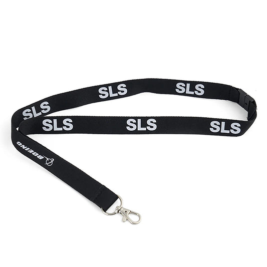 Boeing SLS Series black lanyard with repeating SLS and Boeing logos and metal clasp attachment