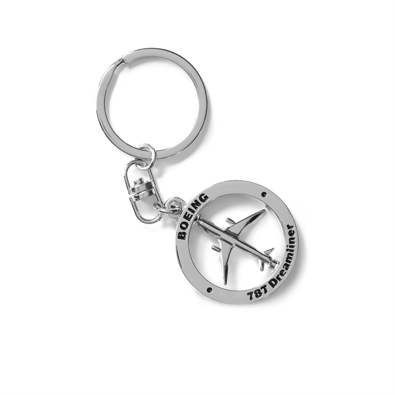 Boeing 787 Dreamliner plane spinner keychain with silver aircraft charm