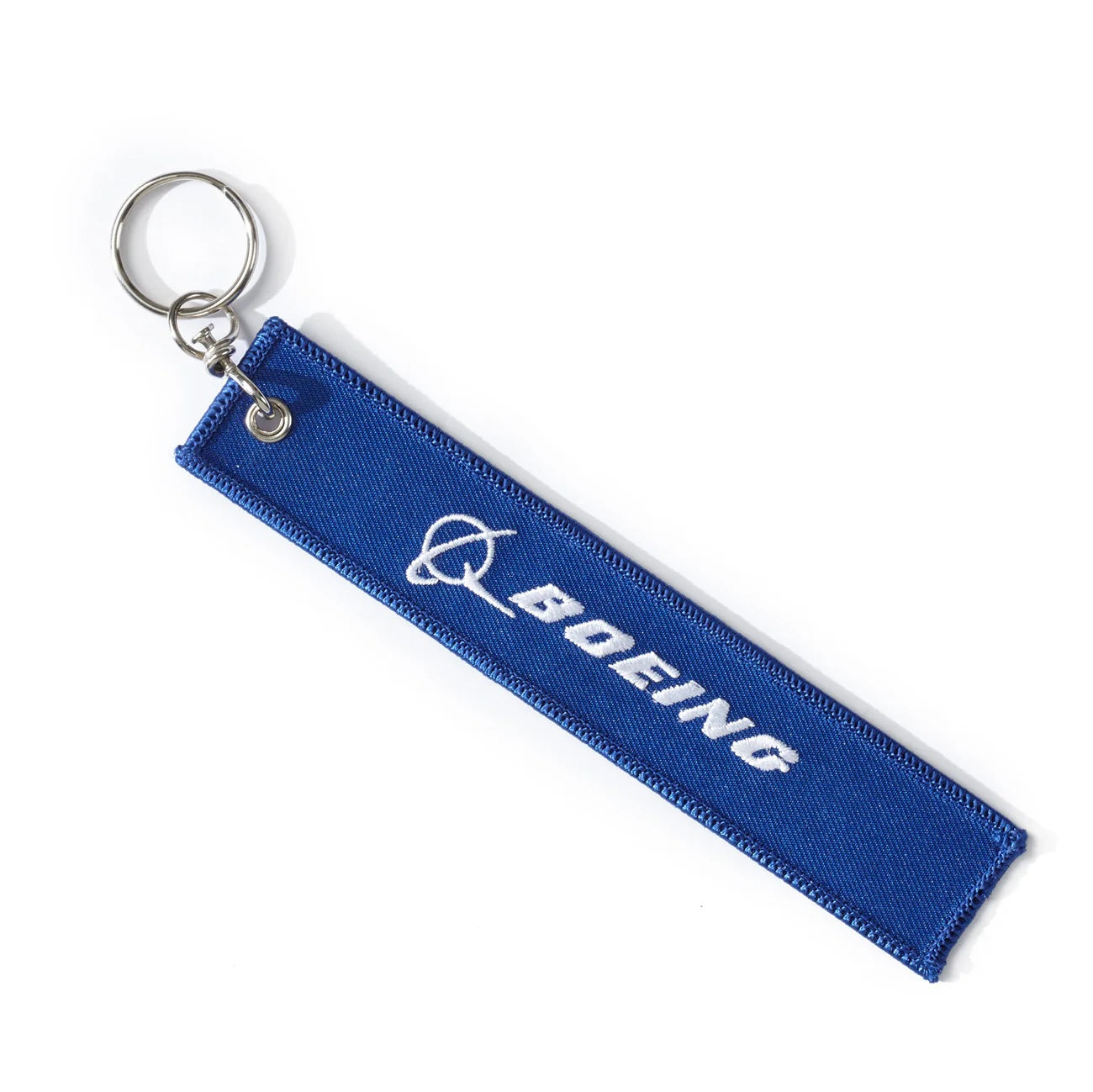 Boeing Remove Before Flight keychain blue fabric tag showing white Boeing logo