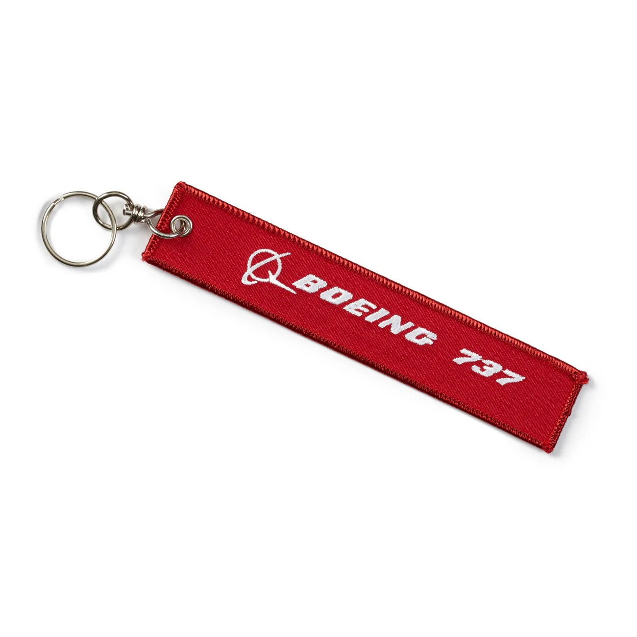 Boeing 737 Remove Before Flight keychain red fabric tag showing Boeing logo and 737 text
