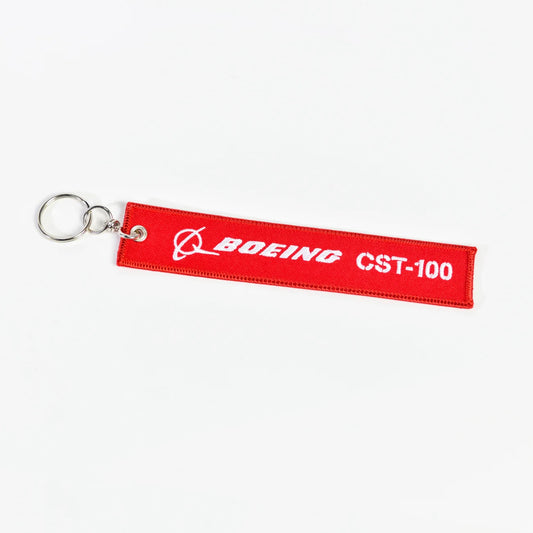 Boeing CST-100 Remove Before Launch red embroidered keychain with metal keyring