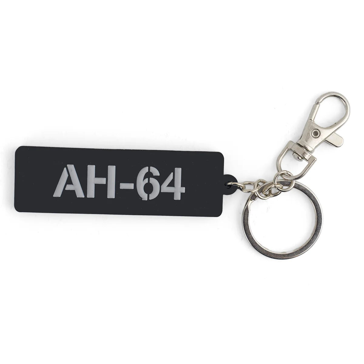 Boeing AH-64 Apache Series rubber keychain in black with white text and metal key ring