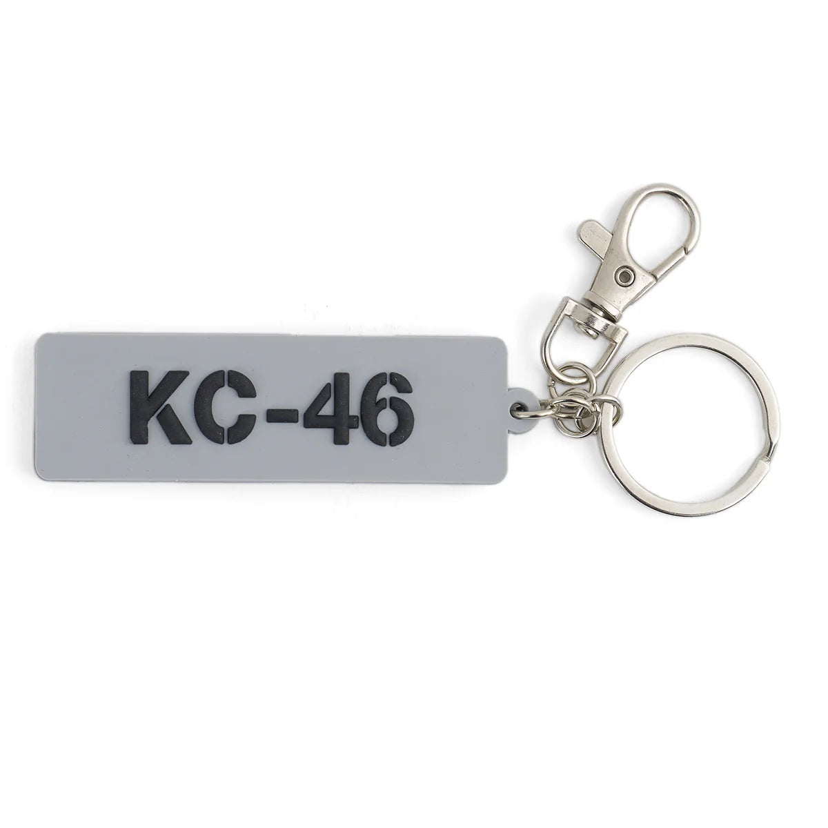 Boeing KC-46A Pegasus Series gray rubber keychain with black KC-46 lettering and metal key ring clasp