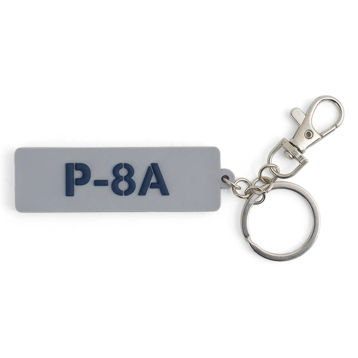Boeing P-8A Poseidon Series rubber keychain in gray with raised navy text and silver keyring clip