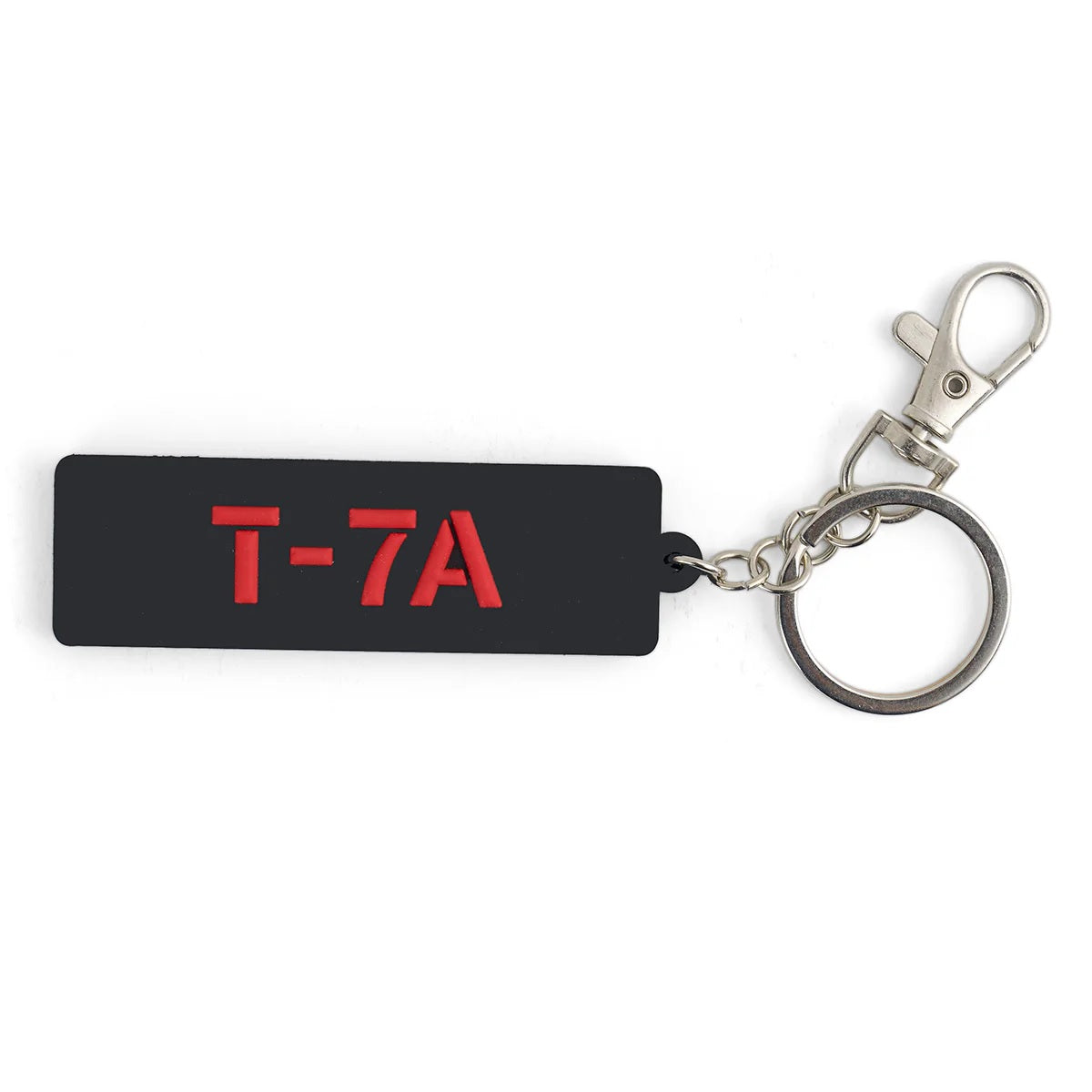 Boeing T-7A Red Hawk Series black keychain with red T-7A lettering and metal ring clasp